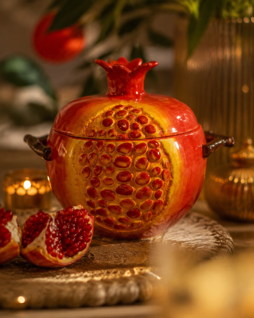 ظرف دکوراتیو انار سرامیکی درب‌دار