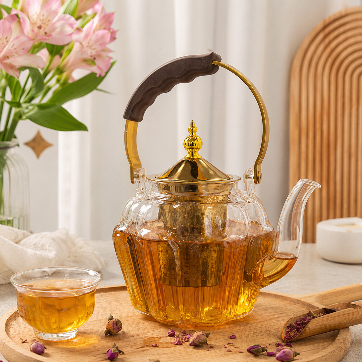 قوری شیشه‌ای دمنوش ۱۲۰۰ میلی‌لیتری مدل کدو با صافی استیل و درب طلایی