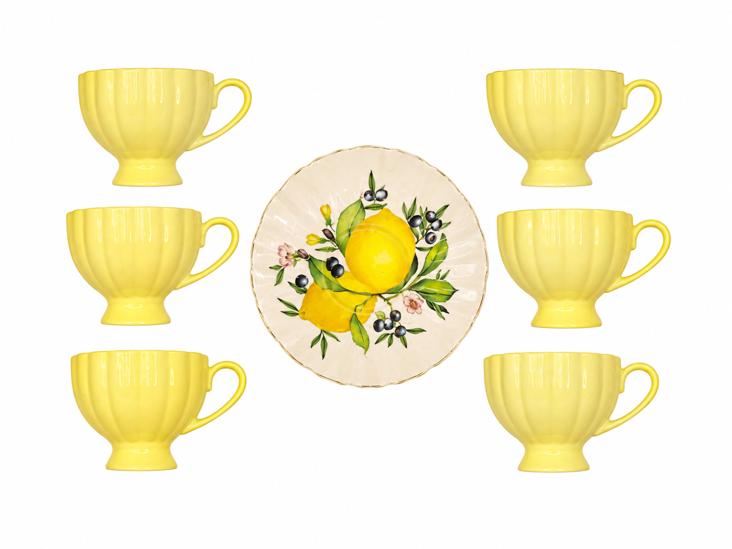 ست فنجان و نعلبکی ۶ نفره سرامیکی طرح لیمو زرد و گل